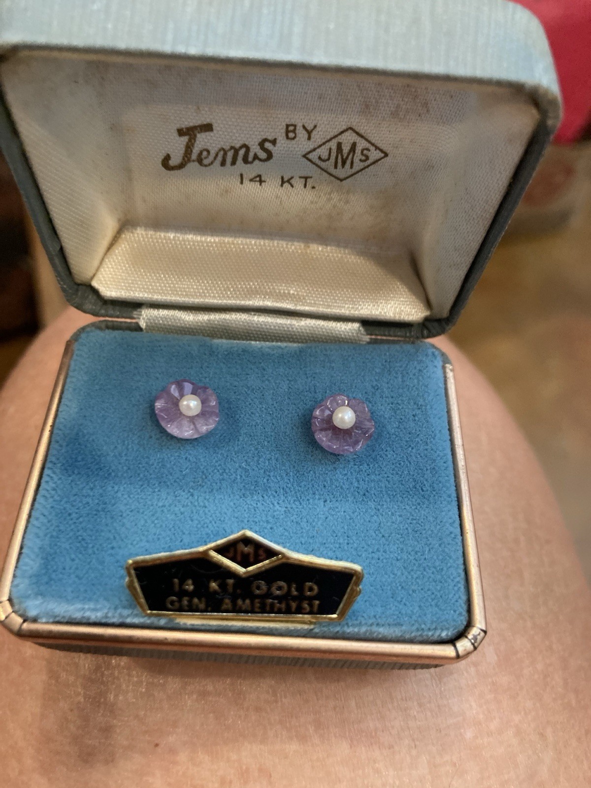 VTG Jems by JMS 14kt Gold Amethyst Flower Post Earring In Original Box