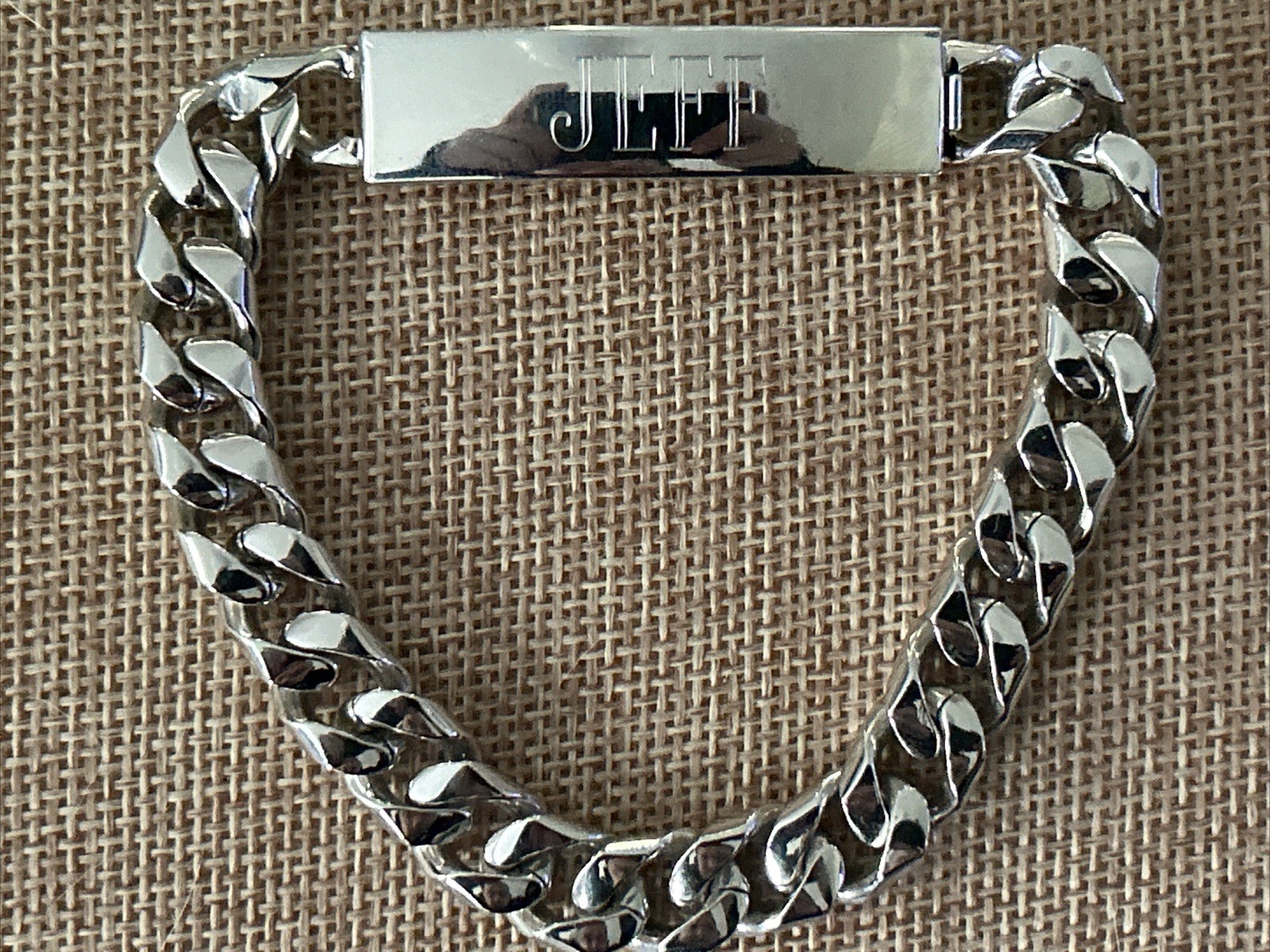 VTG Speidel ID Bracelet RHODIUM Plated Large Curb Cuban Link Inscription JEFF