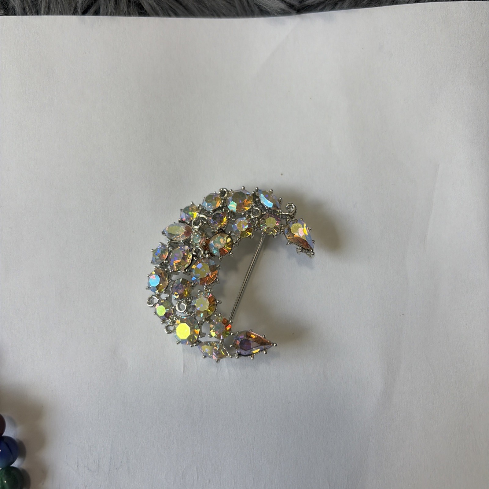 Vintage KARU Arke Blue AB Rhinestone Crescent Moon Brooch Silver Tone Excellent