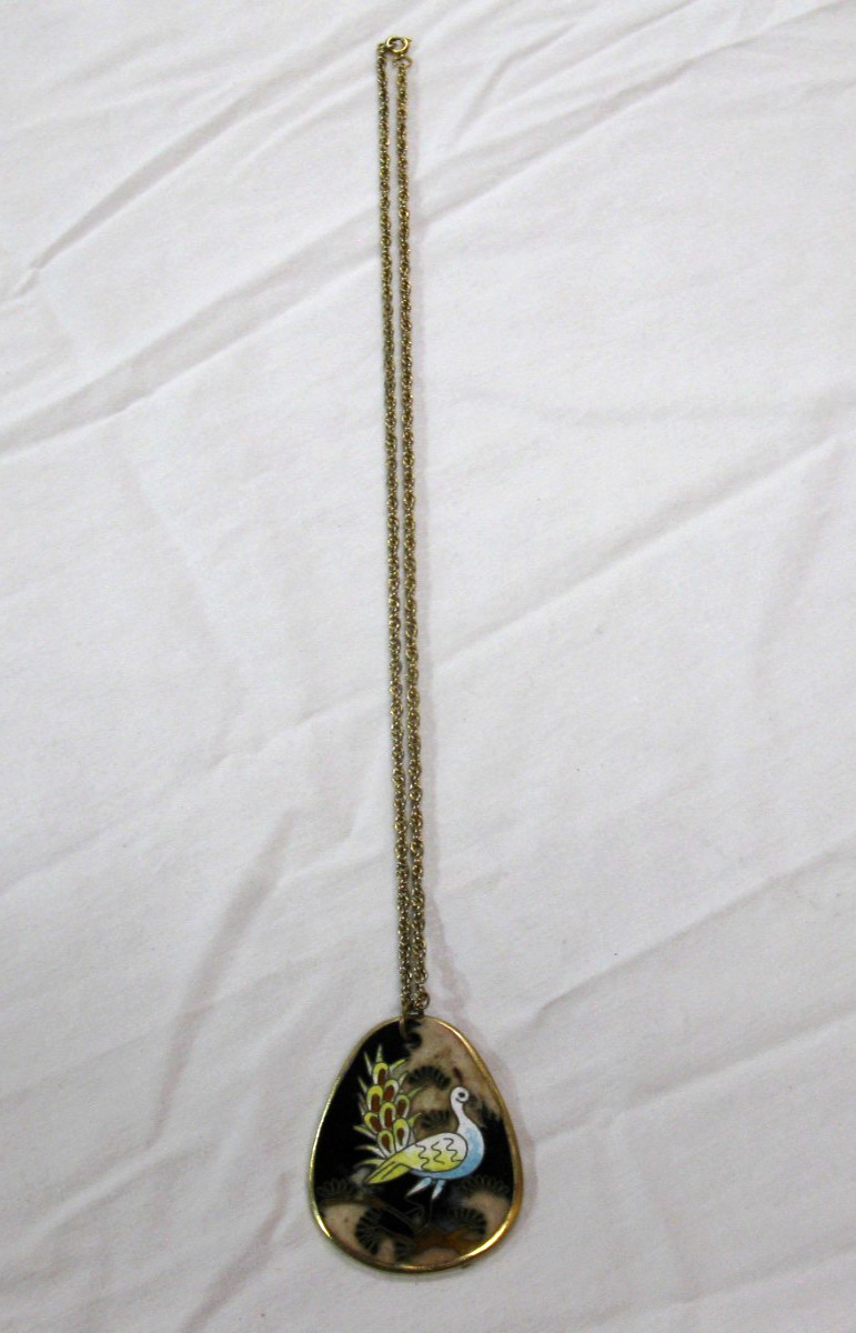 Kloison Signed Cloisonne Enamel Peacock Bird Pendant Necklace Vintage