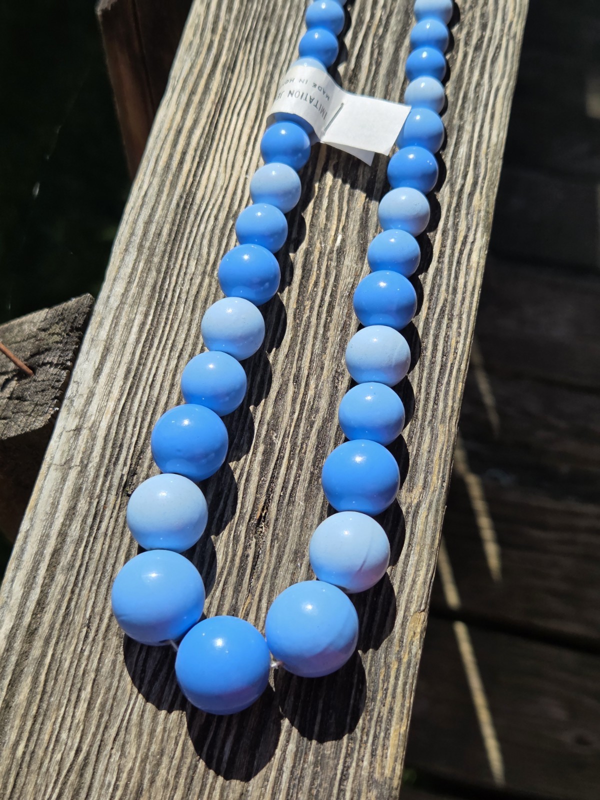 Vintage Hong Kong Blue Plastic Beaded Necklace Graduated Long Chunky Deadstock