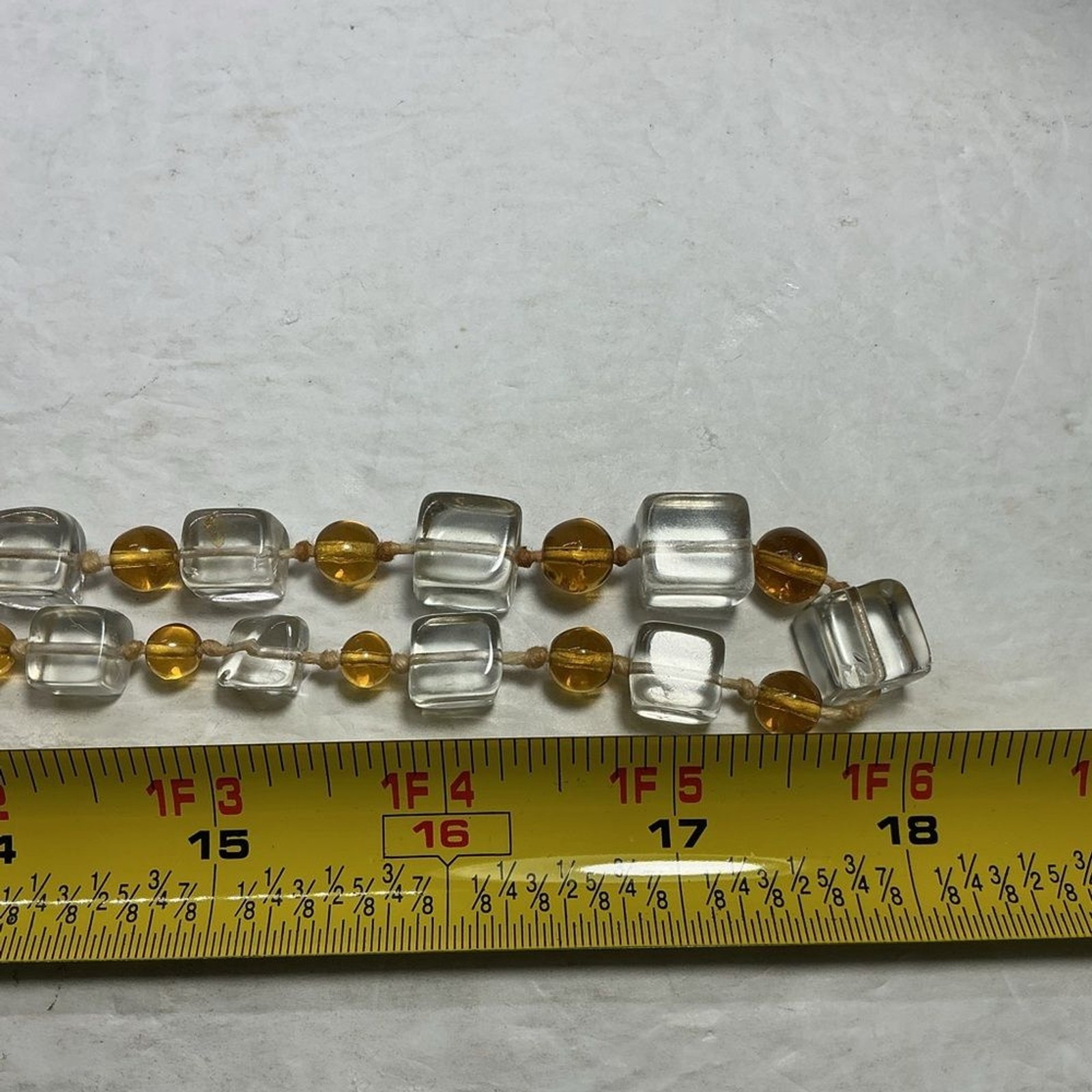 Vintage Czech Glass Necklace Yellow Graduated Cube & Clear Round Bead 36”