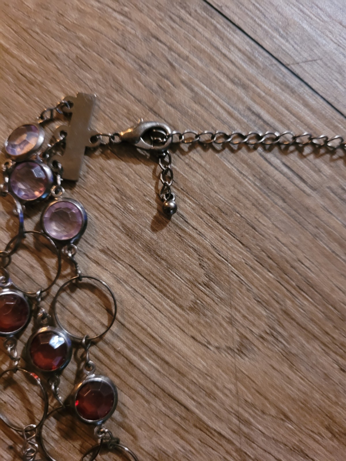 Purple Bezel Set Stationed Necklace Multi Strand Gun Metel Color Lobster Clasp