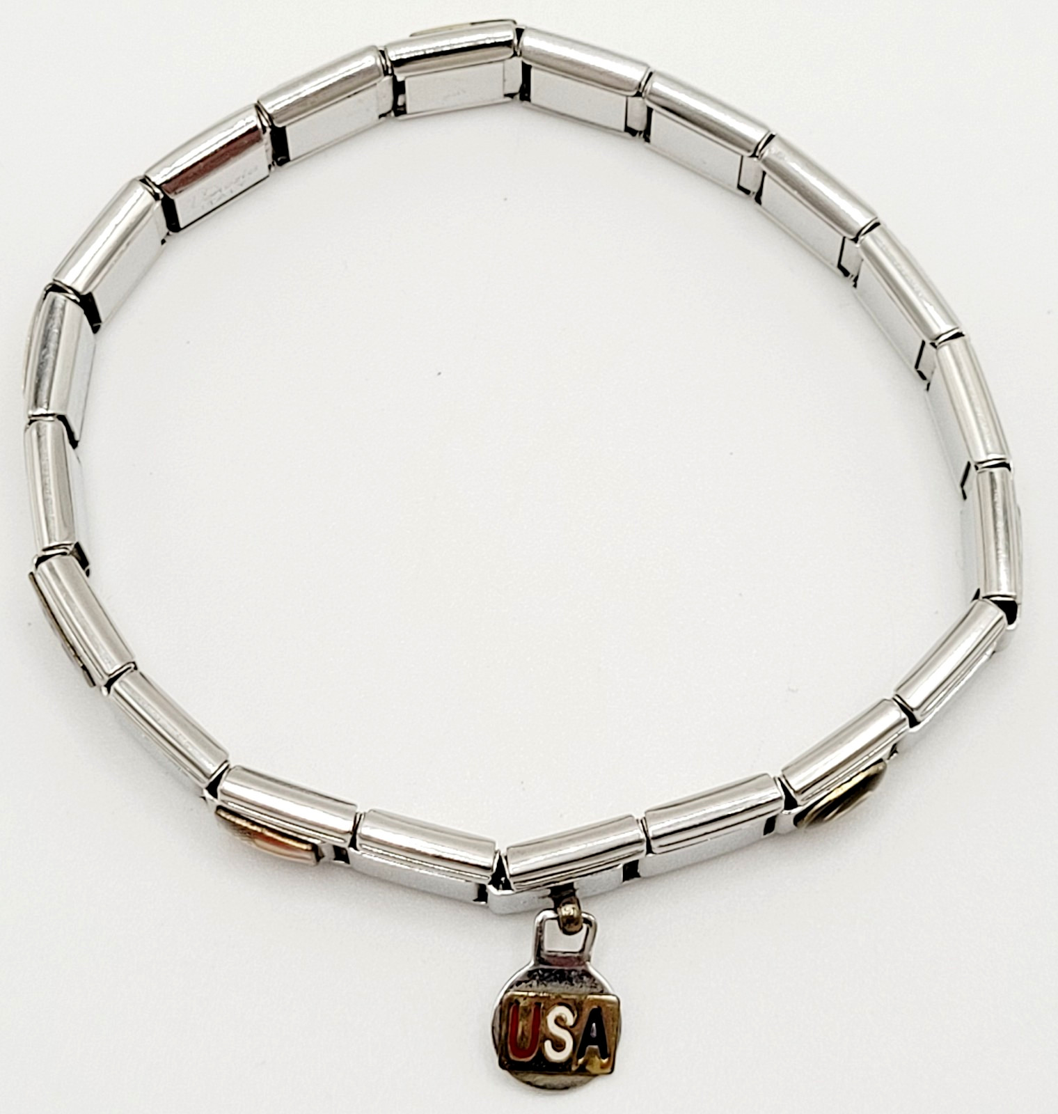 Vintage Italian Style Modular Stainless Steel Charm Bracelet w Mom USA Flag Dog