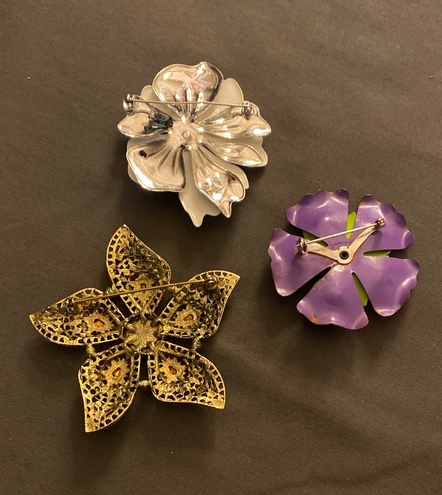 3 Vintage MCM Floral Brooch Pins Various Material Mod 60s 70s Hippy~Groovy