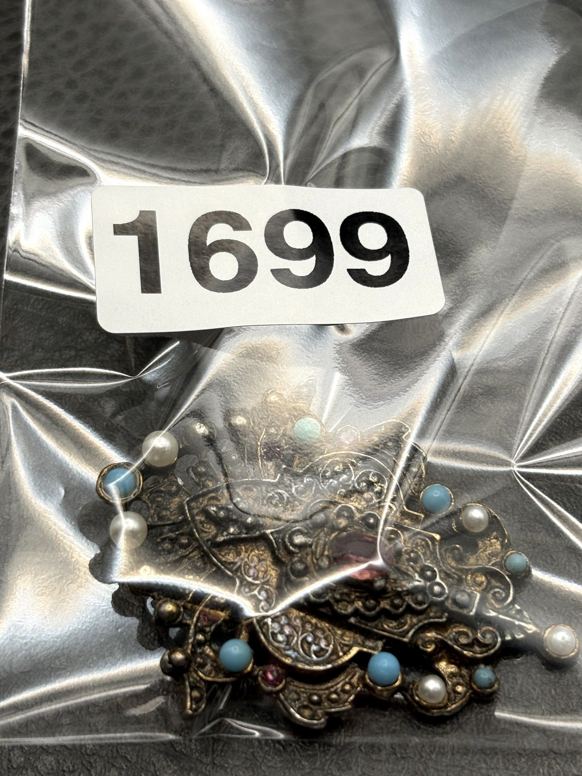 Vintage Etruscan Style Victorian Revival Brooch Faux Turquoise Rhinestone Ornate
