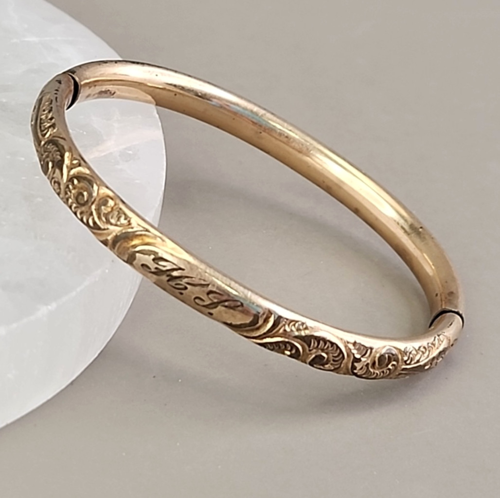 Antique Victorian Bangle Bracelet Floral Motif Etched HP Gold Filled 6.25″