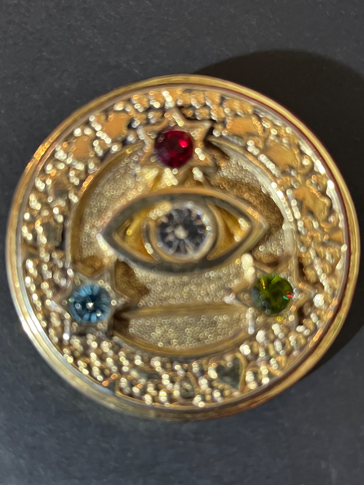 Vtg. Jewels Third Eye Charm, Authentic Rhinestone pin Brooch lucky charm Signed