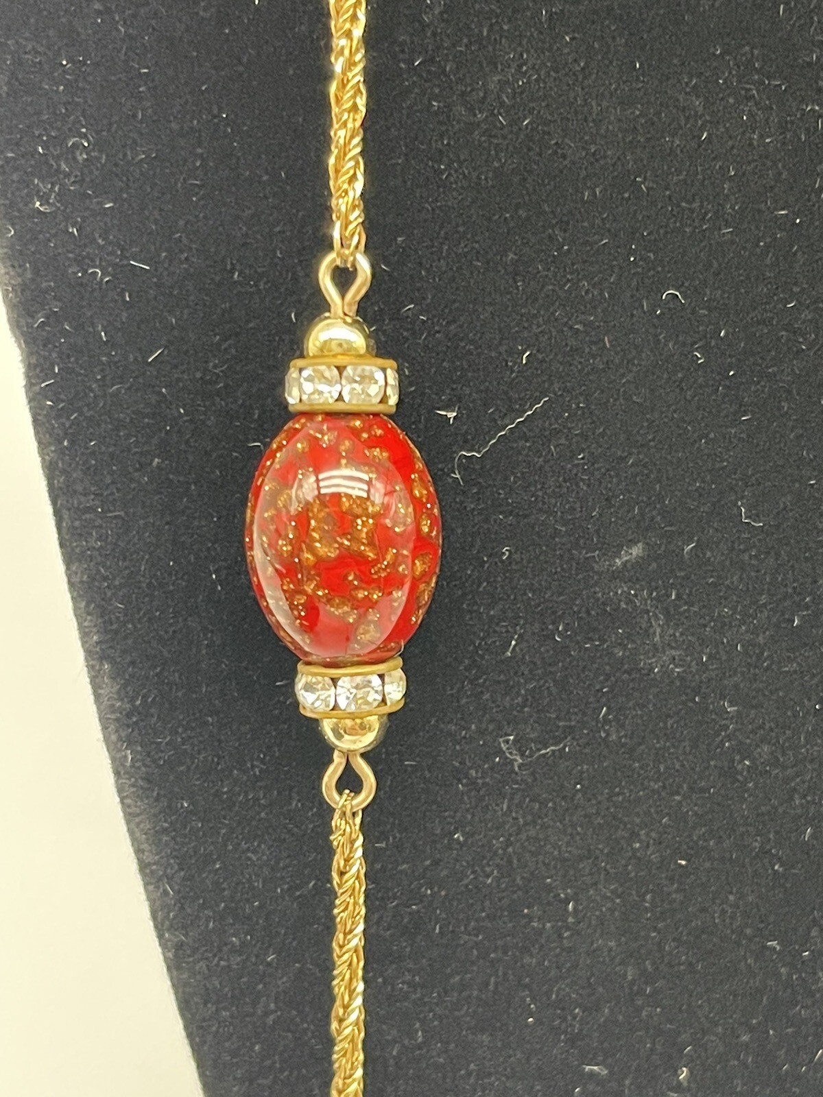 VINTAGE HENKEL GROSSE GERMANY LONG GOLD TONE NECKLACE RED BEAD CRYSTAL 38” 1970’
