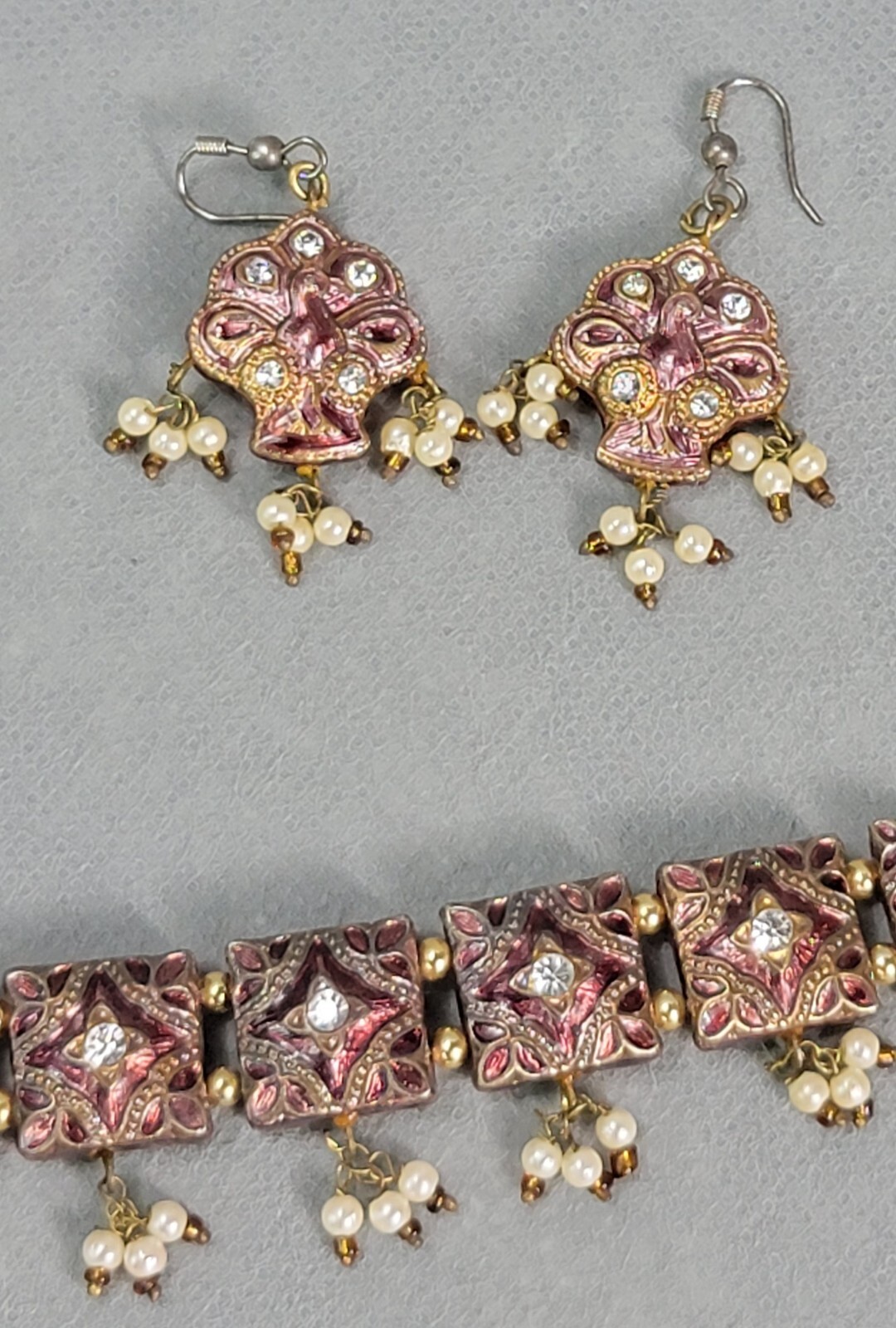 Vintage BOHEMIAN Enamel & Rhinestone NECKLACE & EARRINGS Boho INDIA Lot