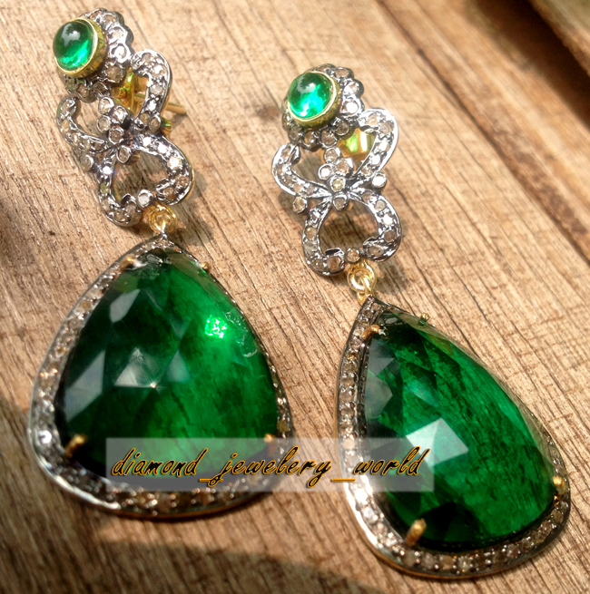 2.95ctw Rose Cut Diamond Emerald Studded Silver Vintage Stunning Earring Jewelry
