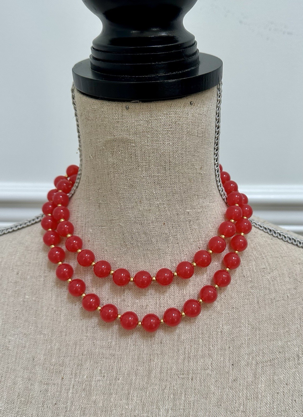VTG Joan Rivers Signed Necklace Red Acrylic Beads Gold Plated 35” Statement Glam