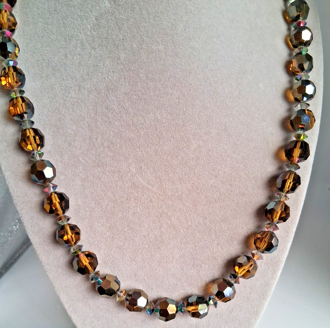 Vintage Amber/Brown AB Crystal Glass Faceted Bead Necklace Single Strand 20″