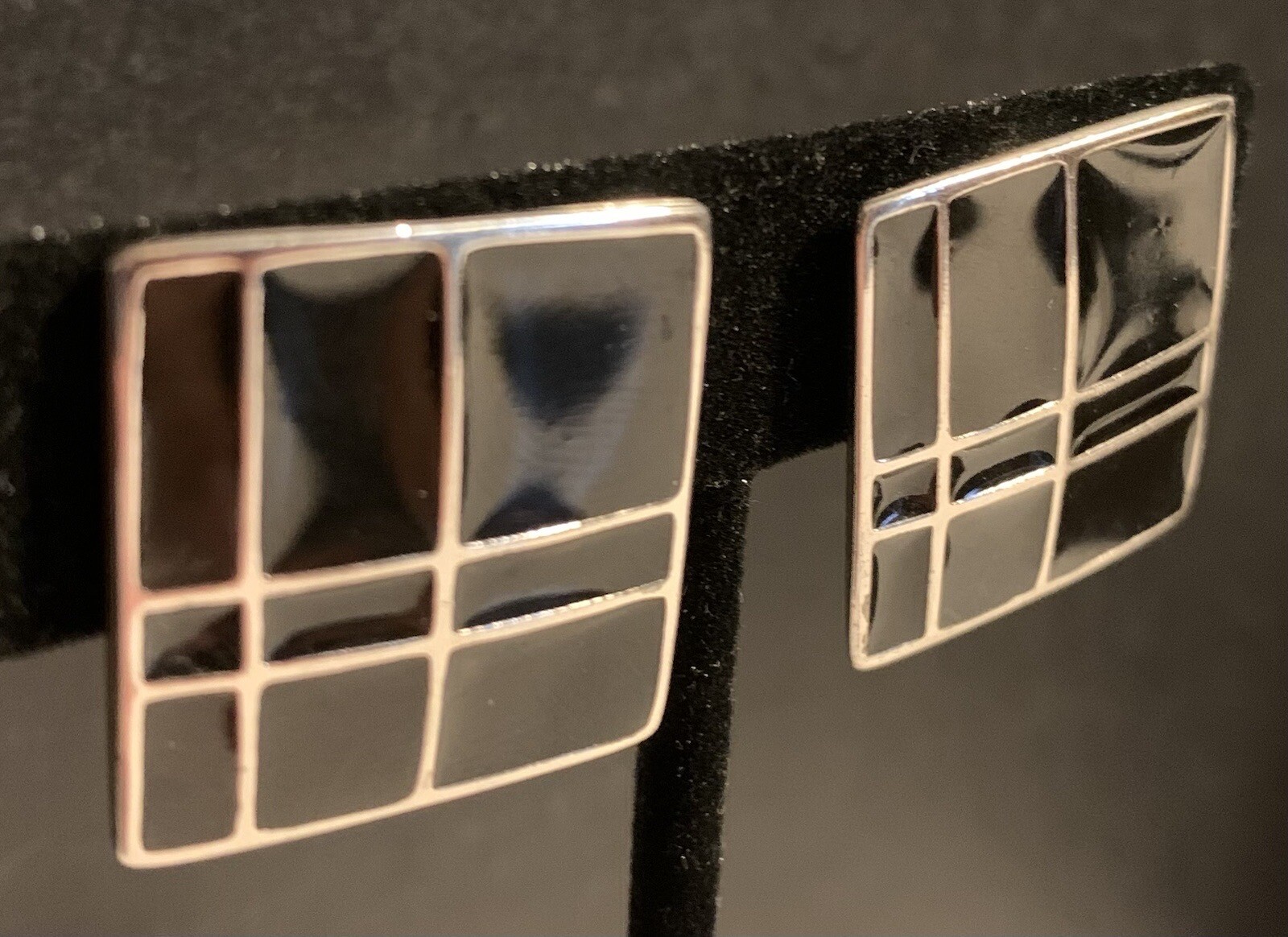 Black & Silver Enamel Retro Geometric Clip-On Earrings Square Vintage