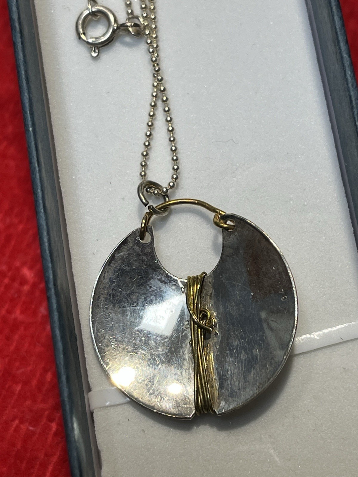Vintage Modern Handmade by Banner 2-Tone Sterling Silver Disk Pendant Necklace