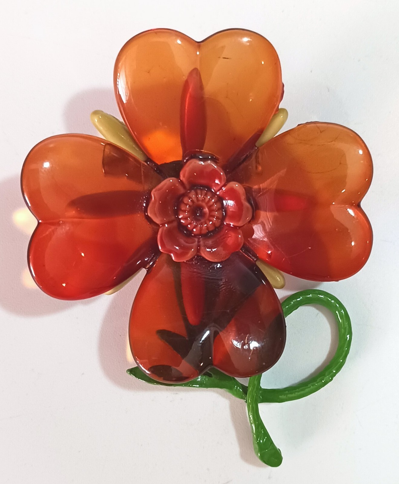 Vintage Orange, Yellow & Green Plastic (Cellulose Acetate?) Flower Brooch
