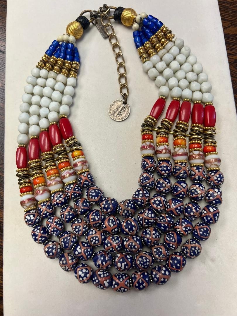 Masha Archer San Francisco Multi Strand Tribal Beaded Necklace Coral Agate Mercu