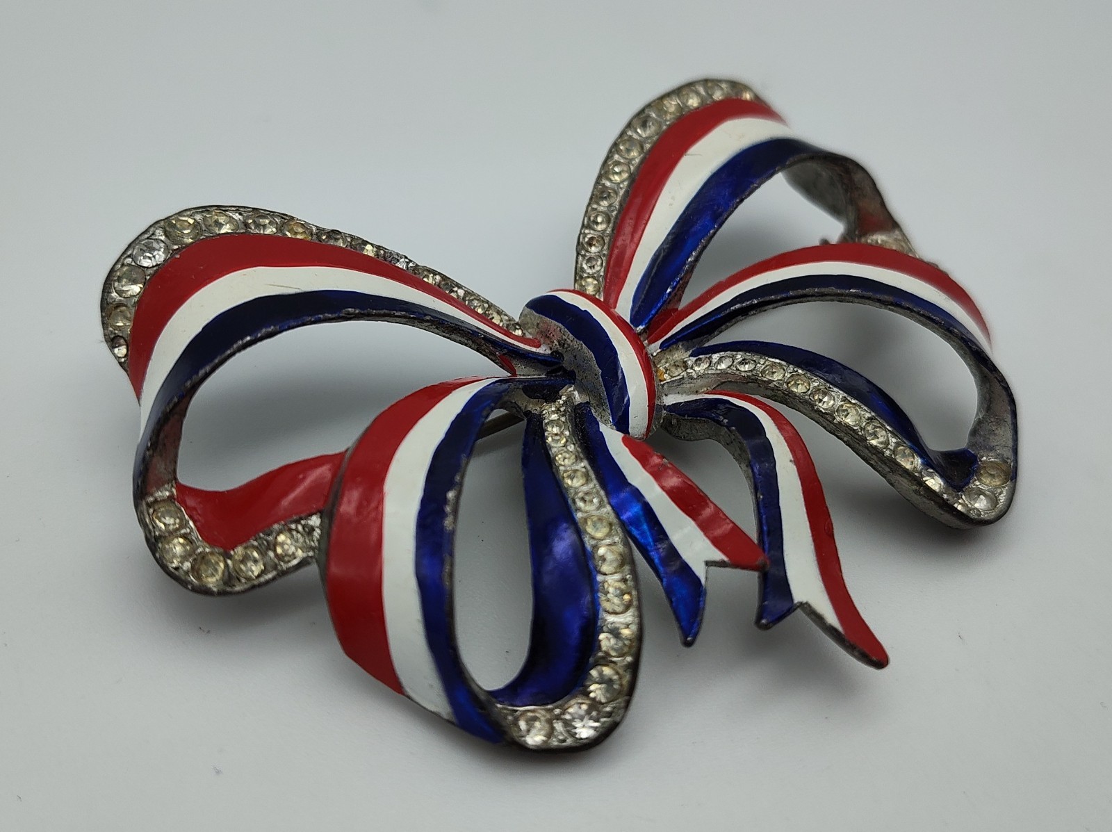 Vintage Large Bow Red White Blue WW2 Silver Tone Clear Rhinestone Pin Brooch