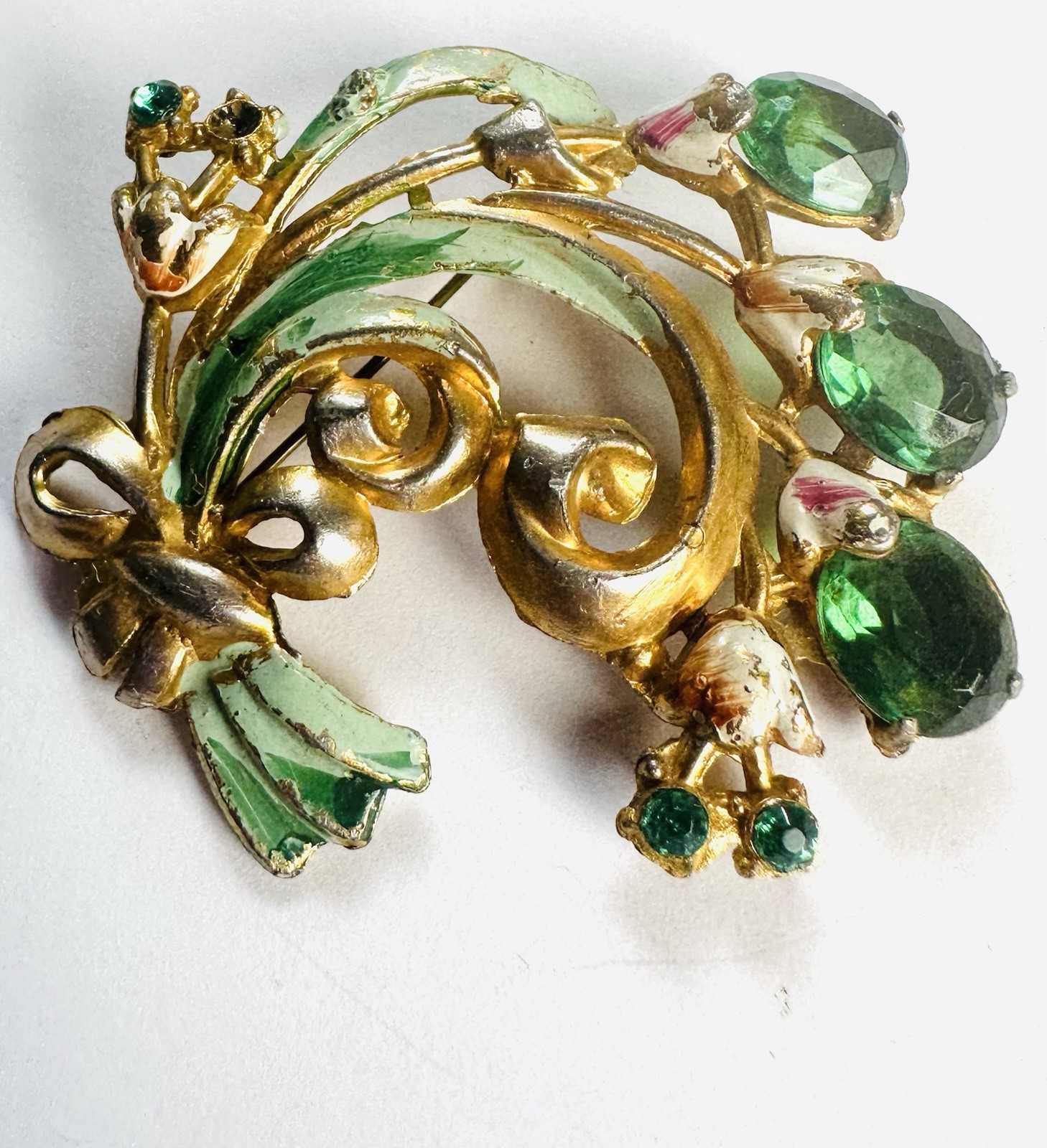 VTG Fred Gray Coro Rhinestone Hand Painted Brooch Pin -enamel wear + Unsigned