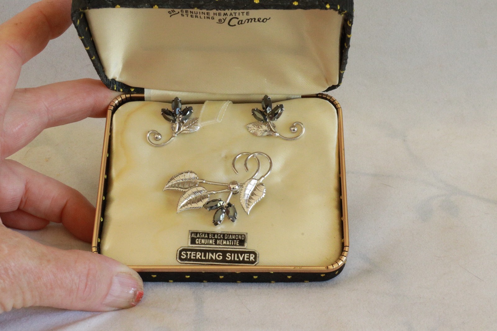 Vintage Alaska Black Diamond Hematite Jewelry Set in Original Box
