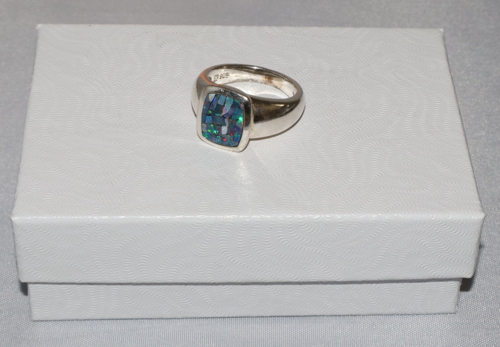 Vintage Sterling Silver Mosaic Blue Opal Gem Inlay Michelle Albala Ring Size 6