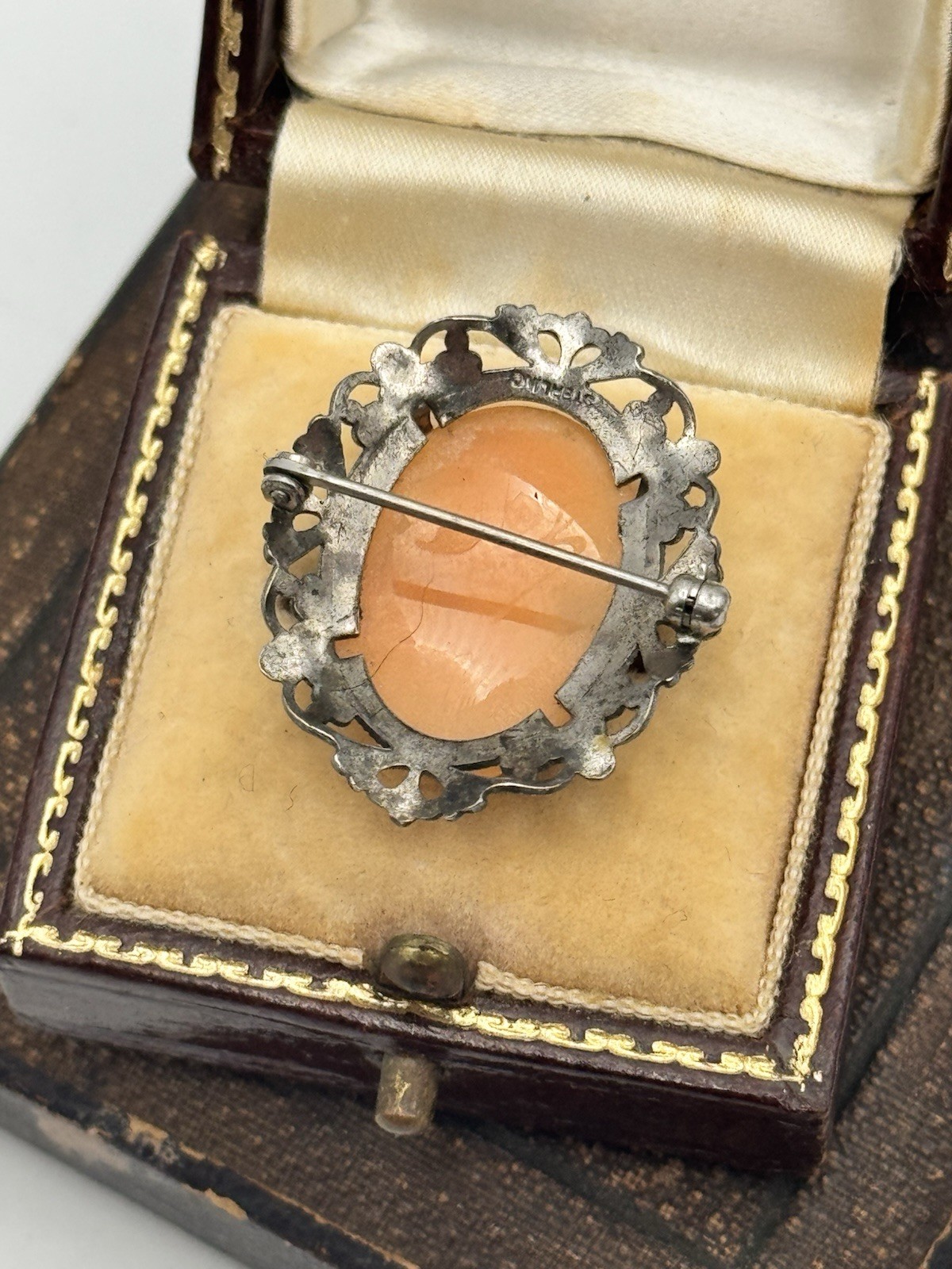 Vintage Cameo Brooch Sterling Shell Filigree Portrait Pin Victorian Style 1 Inch