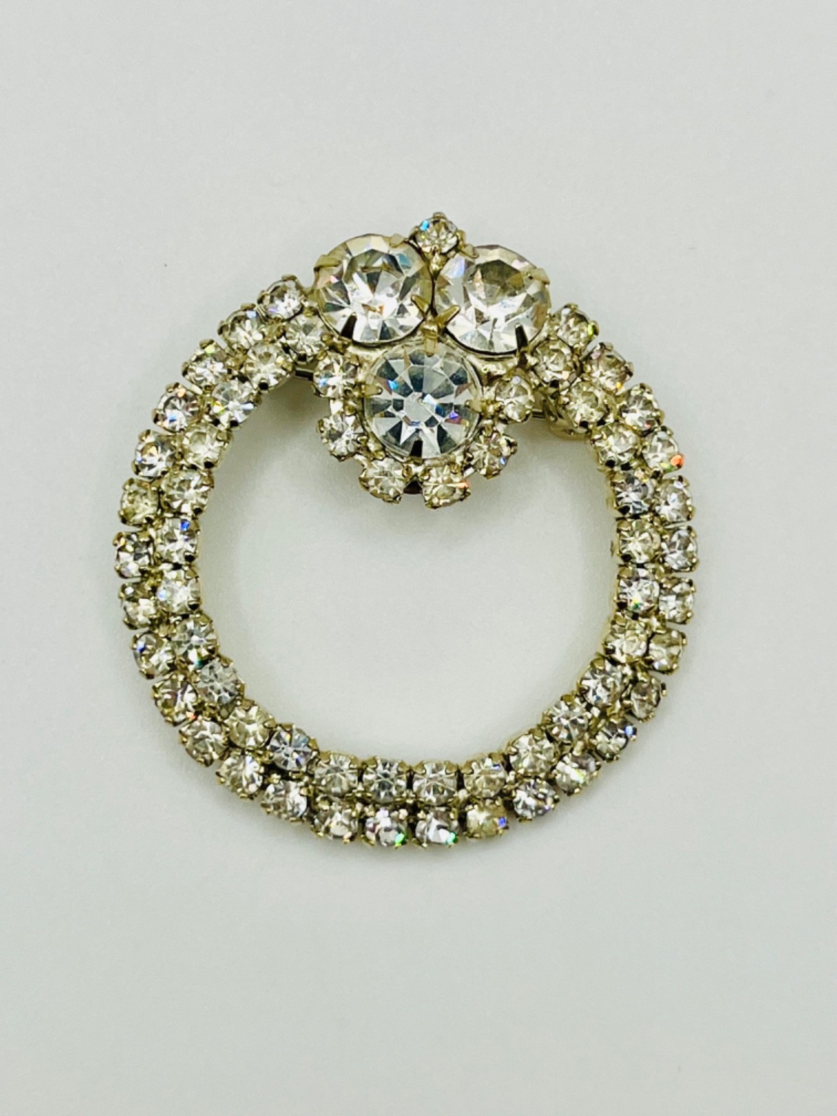 Vintage Clear Rhinestone Wreath Brooch Silver Tone