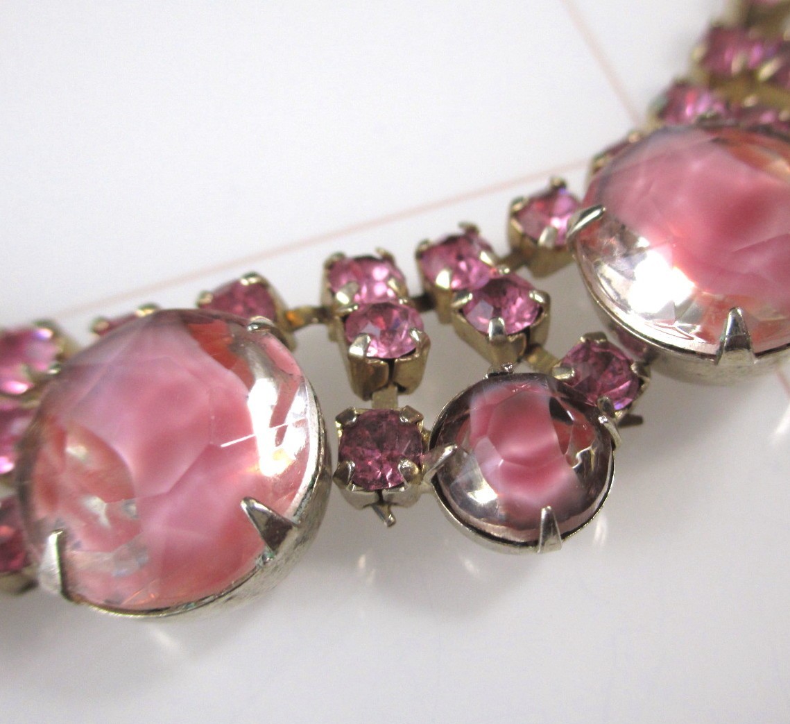 Vintage Pink Rhinestone Choker Necklace Mid Century Statement