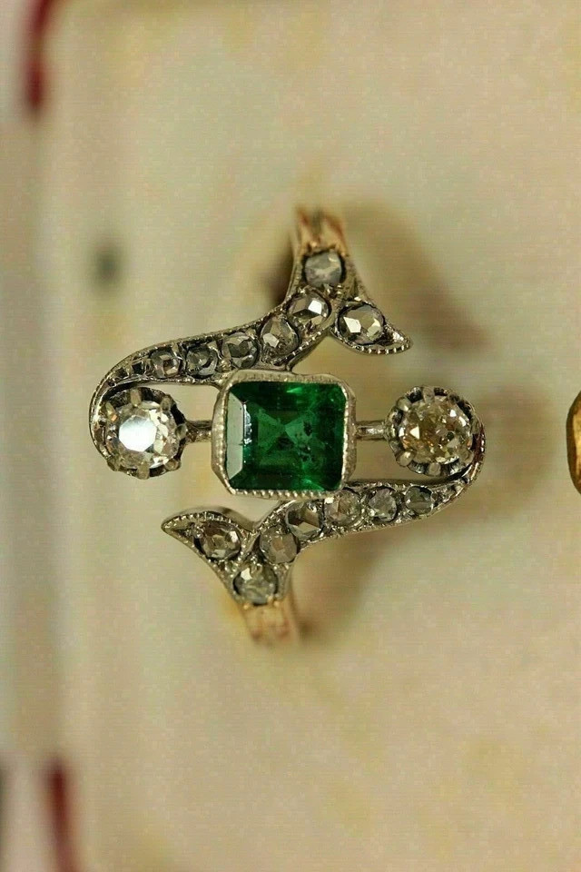 2Ct Art Deco Style Lab Created Emerald Engagement & Wedding 14K Gold Finish Ring