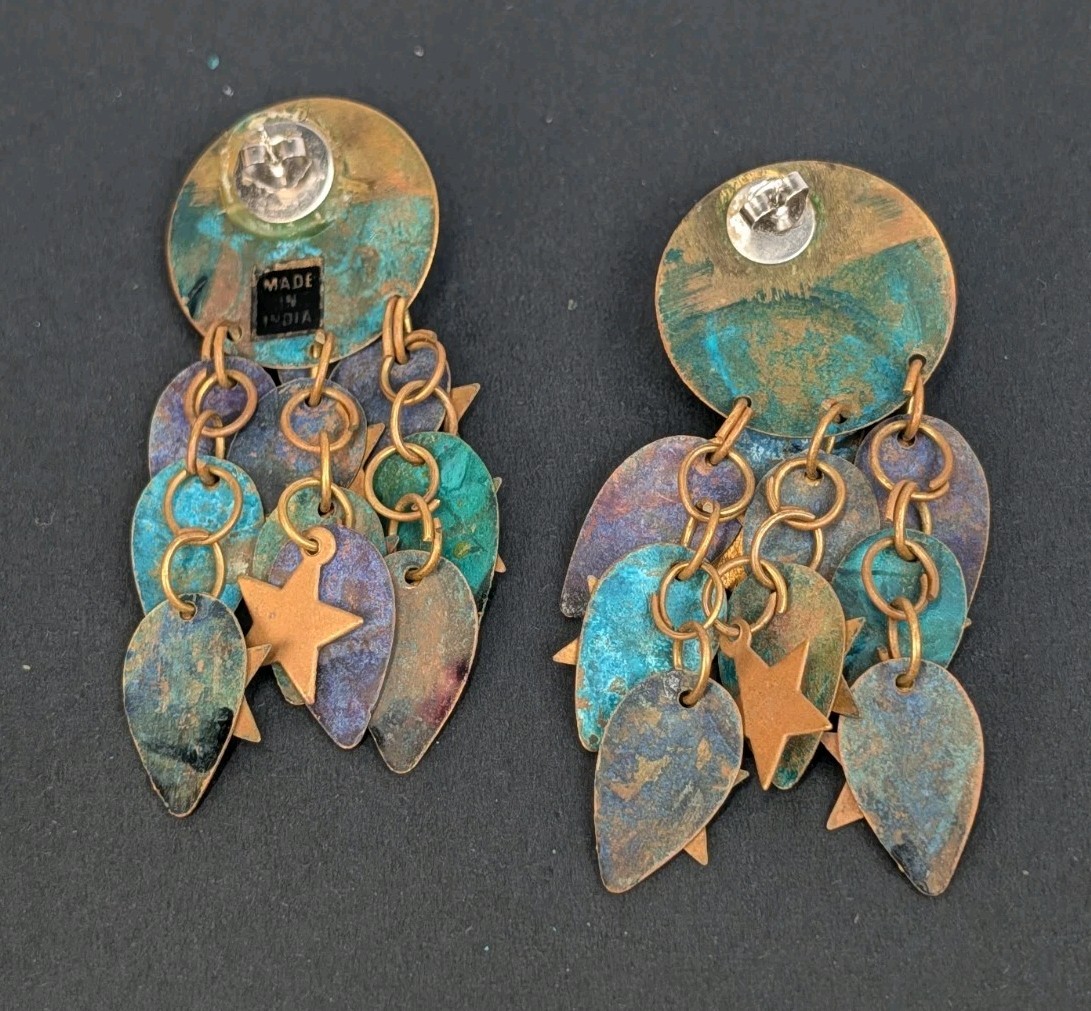 Large Vintage Artisan Verdigris Boho Brass Celestial Stars Dangle Earrings India