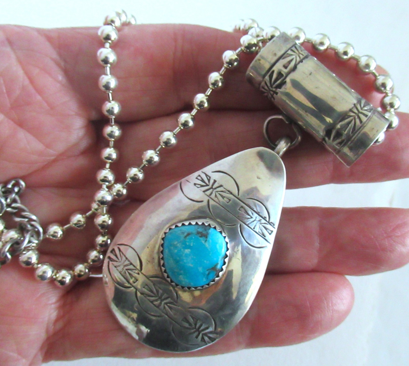 NAVAJO? STERLING PENDANT NECKLACE by AT, 2 1/2 INCHES PENDANT, 19 INCHES CHAIN