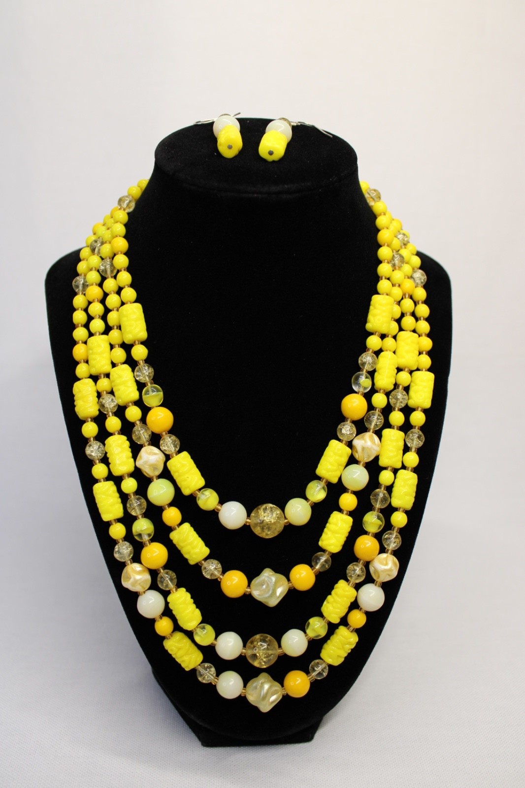 Vintage Yellow Multi Strand Beaded Necklace Earrings Set Art Deco Czech Style