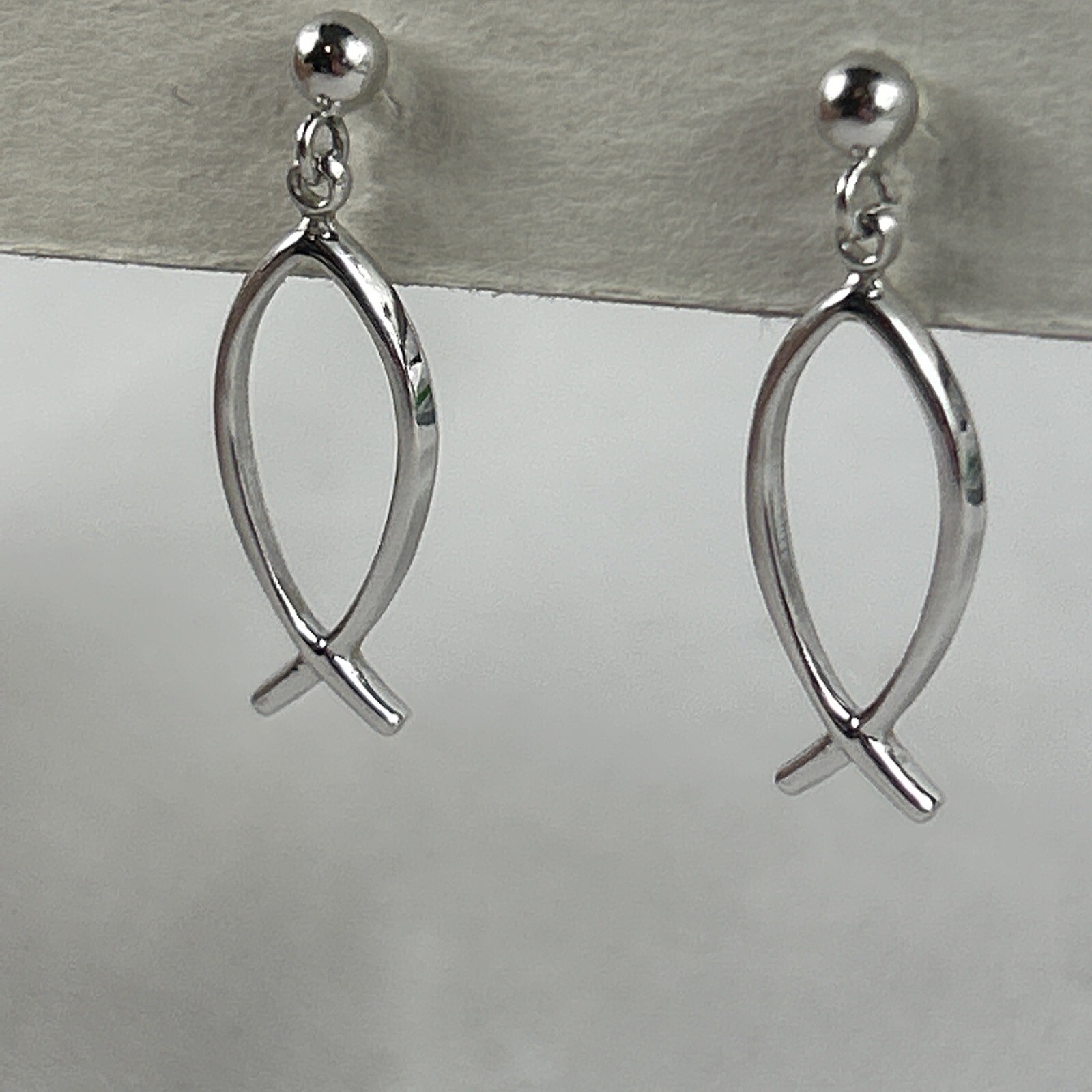 Christian Jesus Fish Dangling Earrings For Pierced Ears Sterling Silver 1” Theda