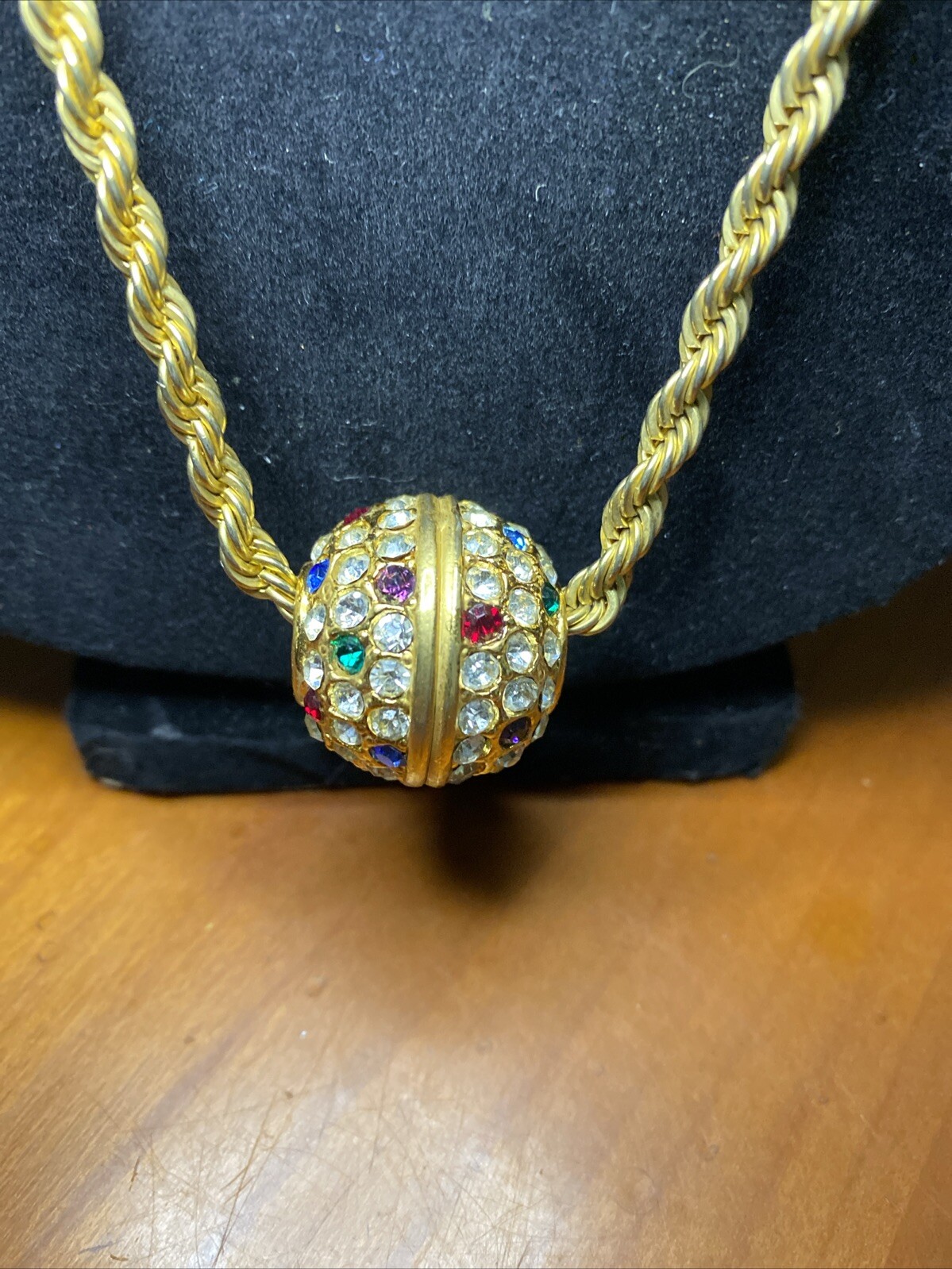 Vintage Big Gold Tone Crystal Rhinestone Ball Slide Rope Chain Necklace 28”