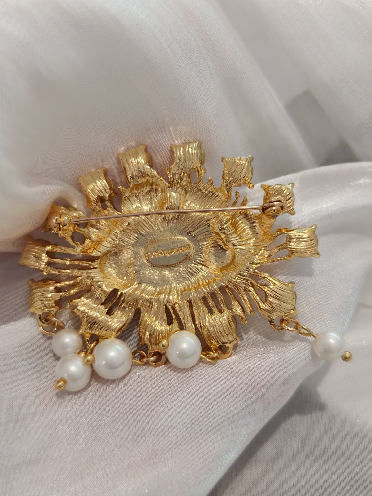 Schiaparelli Gold Evil Eye Brooch Crystal Pearl Dangle Designer Fashion Pin