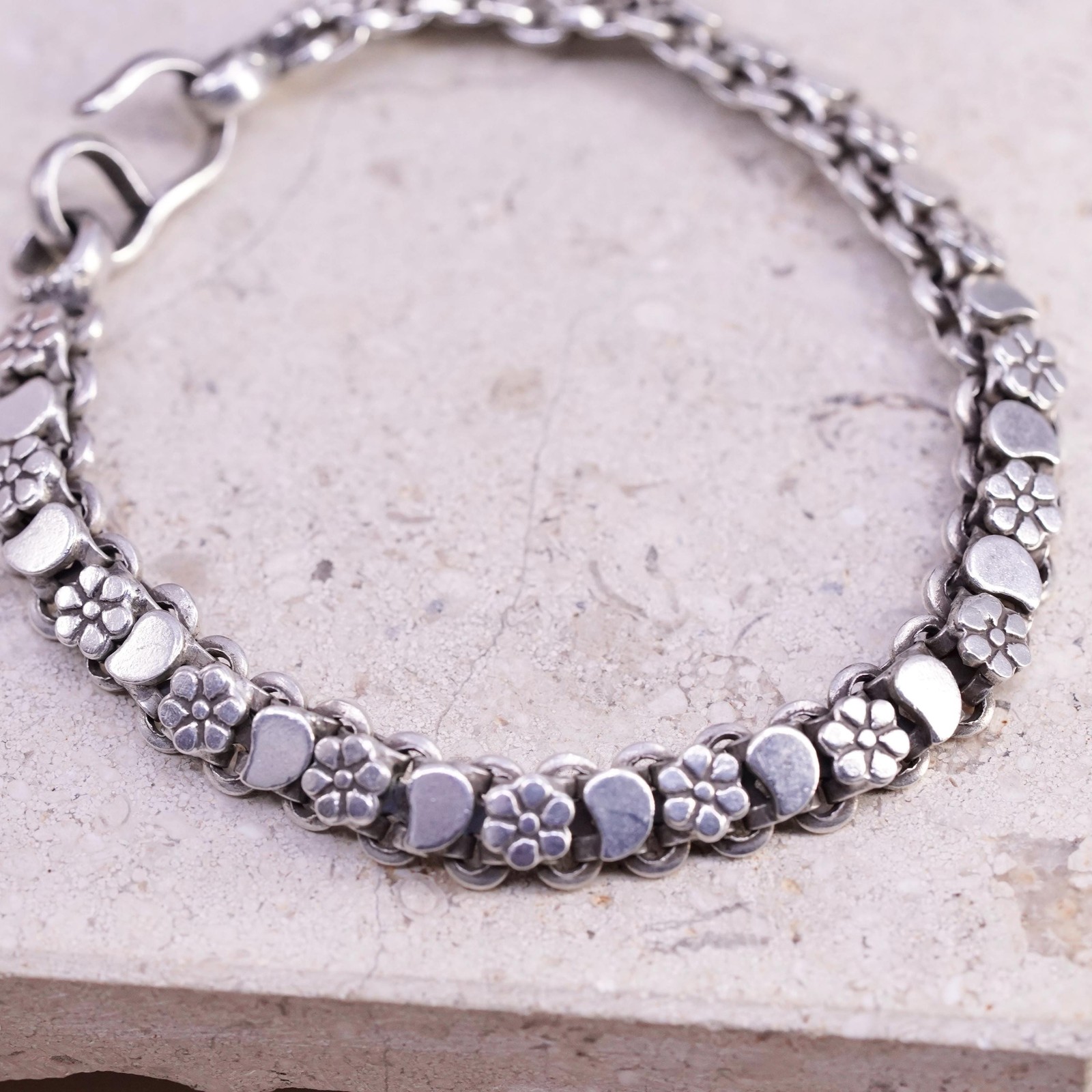 7.25″, vintage Sterling silver handmade tennis bracelet, 925 flower links