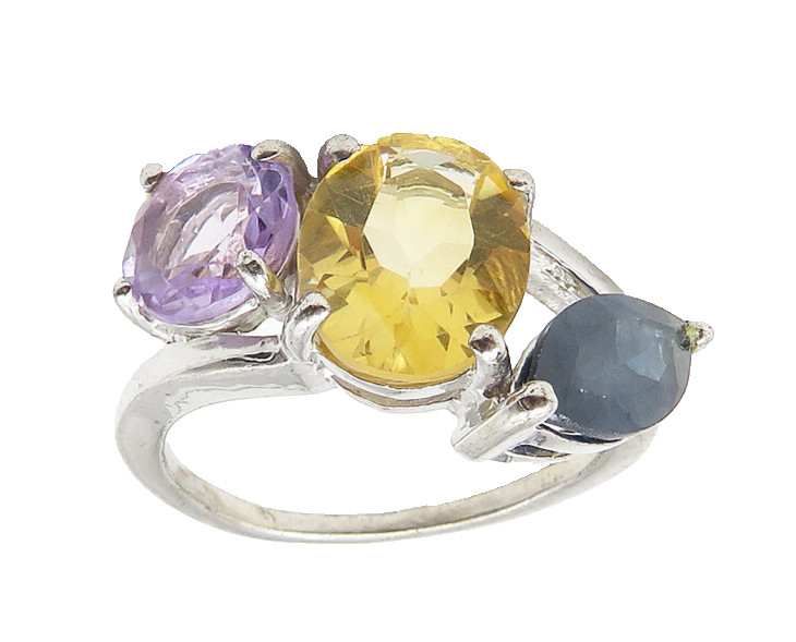 925 Sterling Silver Amethyst Citrine & Sapphire Shiny Band Ring Sz 7 RG10549