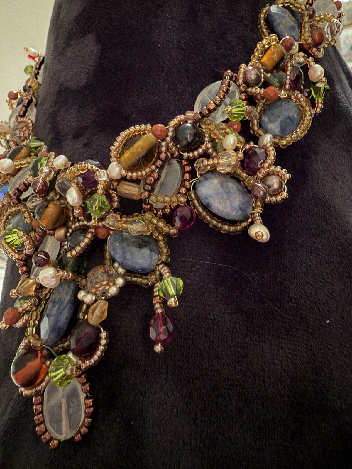 Vintage Unique Smoky Gem Beaded Handmade Choker Bib Statement Jewelry Necklace