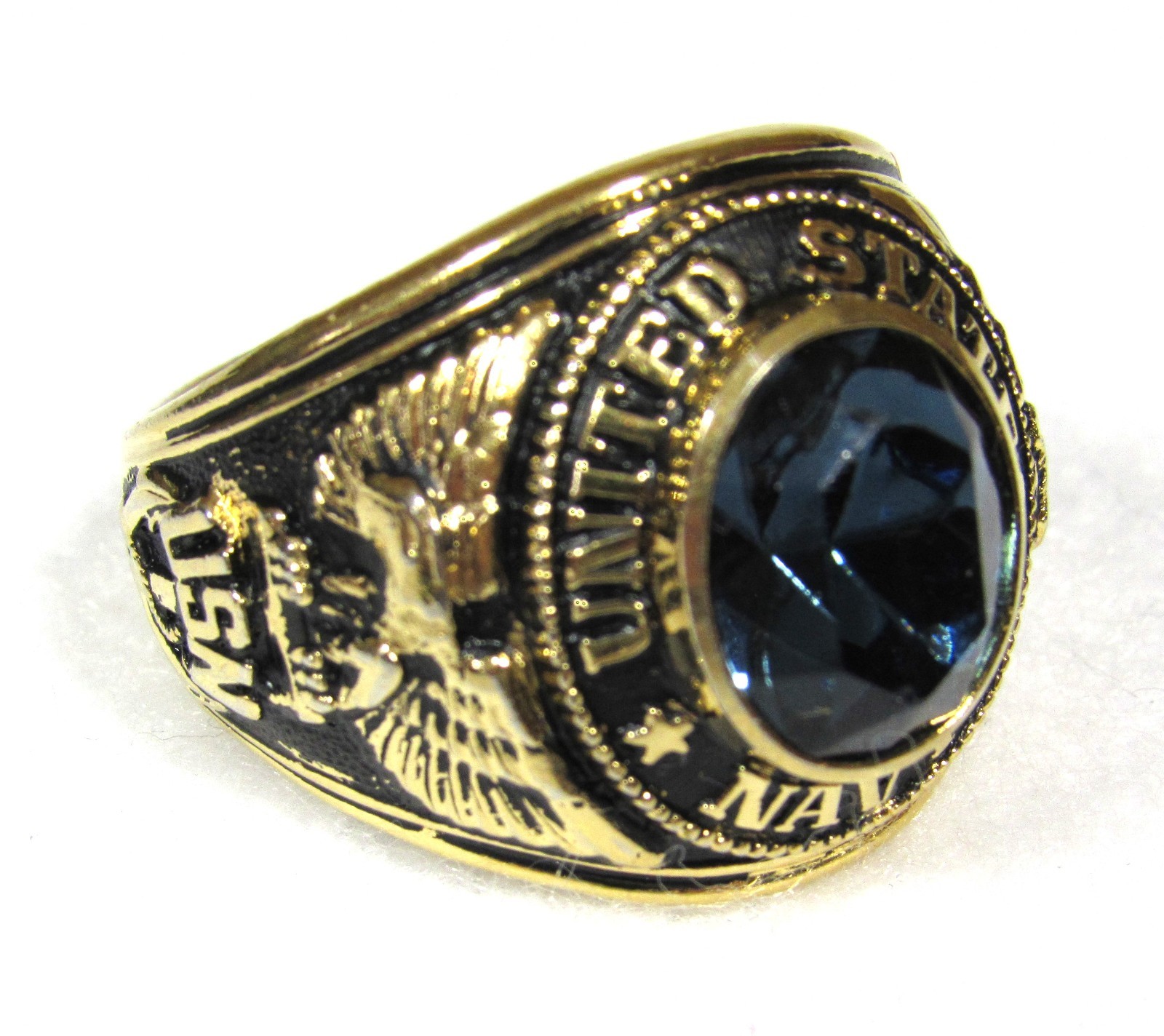 Vintage US Navy Blue Stone Men’s Ring Eagle Anchor 18K Gold Electroplate Size 12