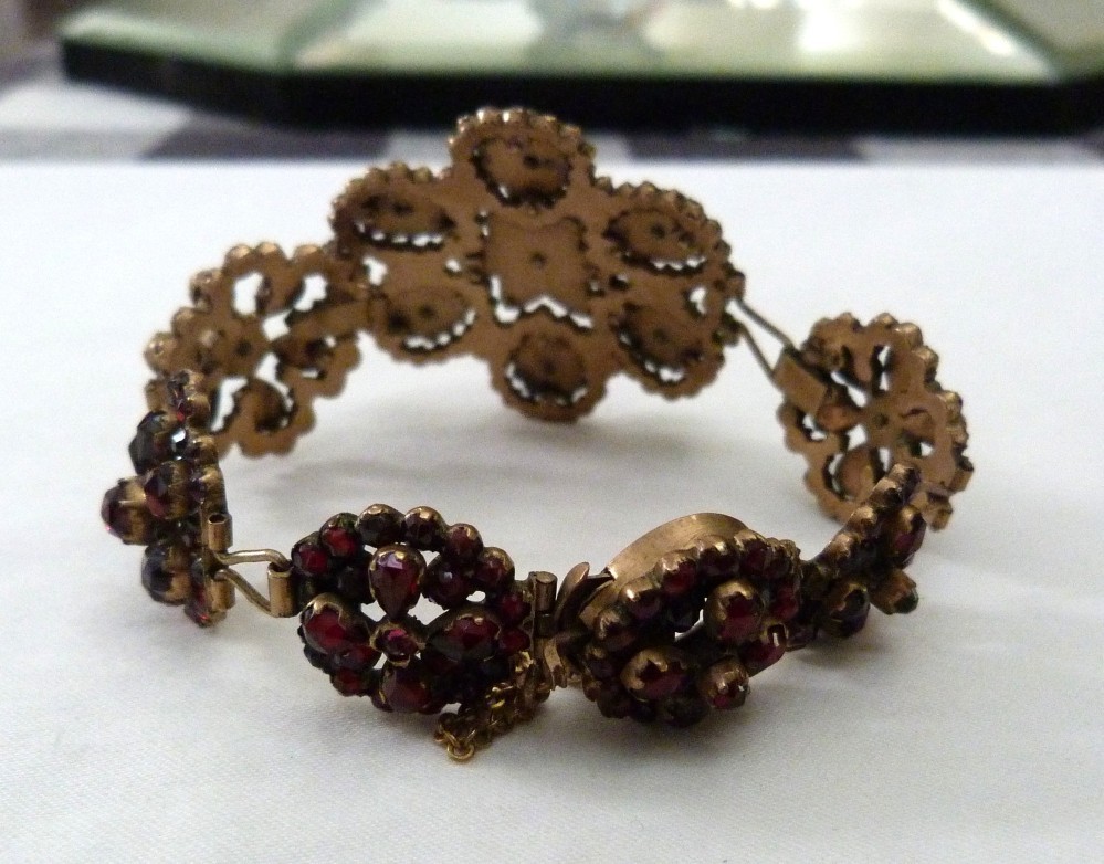 1 5/8″ WIDE ANTIQUE VINTAGE BOHEMIAN GARNET GOLD GILT STERLING SILVER BRACELET