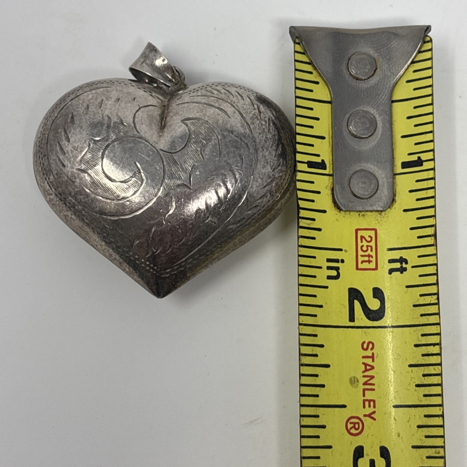 Vintage Sterling Silver Puffy Heart Pendant Etched Floral 13.4g Large
