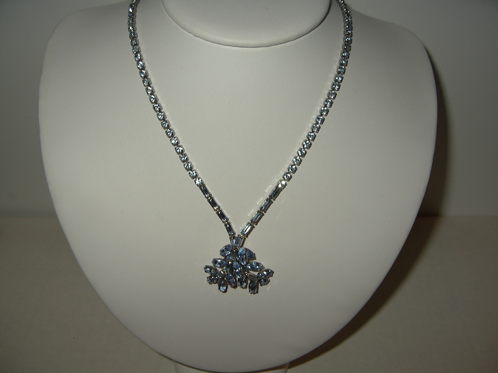 Vintage Signed BUYER BROS Silvertone & Blue Rhinestone Drop Adjustable Necklace