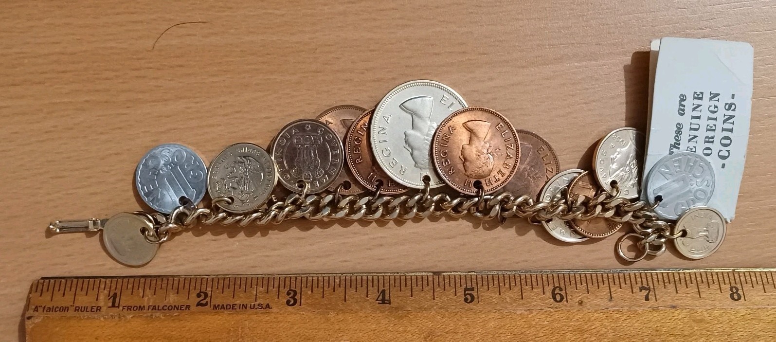 Vintage 14 Coin Bracelet Coins From Around The World 7”