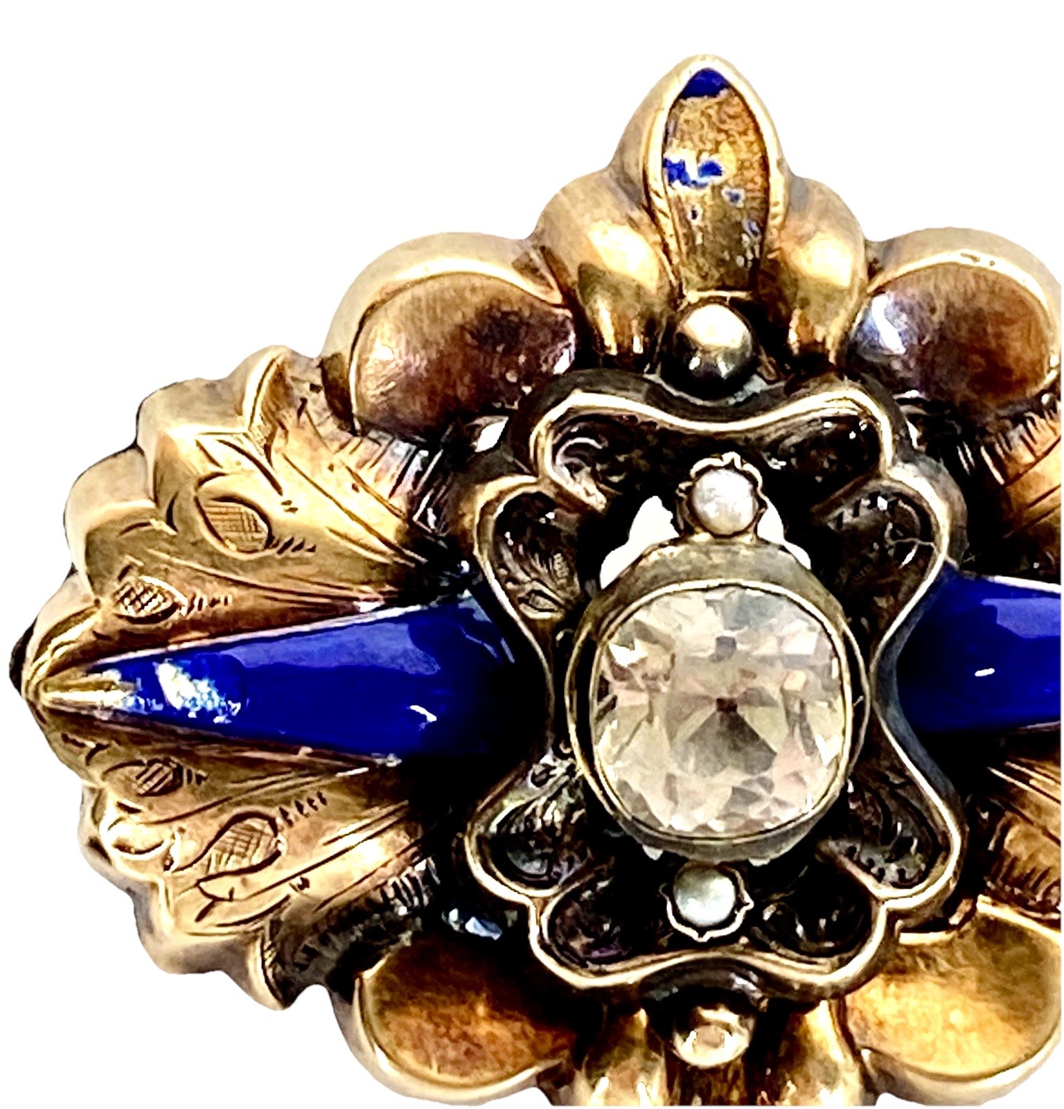 Antique 10K Yellow Gold Blue Enamel, Seed Pearls, Paste Diamond 7.3 grams 1-5/8″