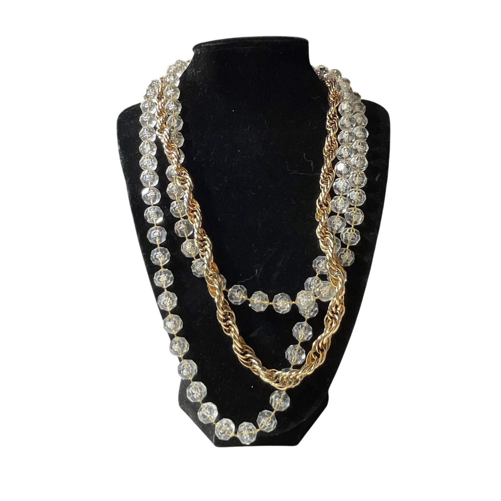 Sarah Coventry Golden Ice 3 strand necklace Lucite beads and gold tone rope chai