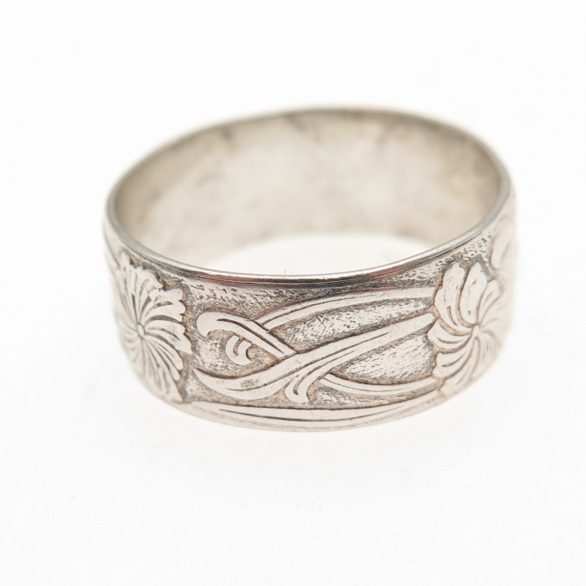 925 Sterling Silver Antique Art Deco Floral Oxidized Band Ring Size 7.25