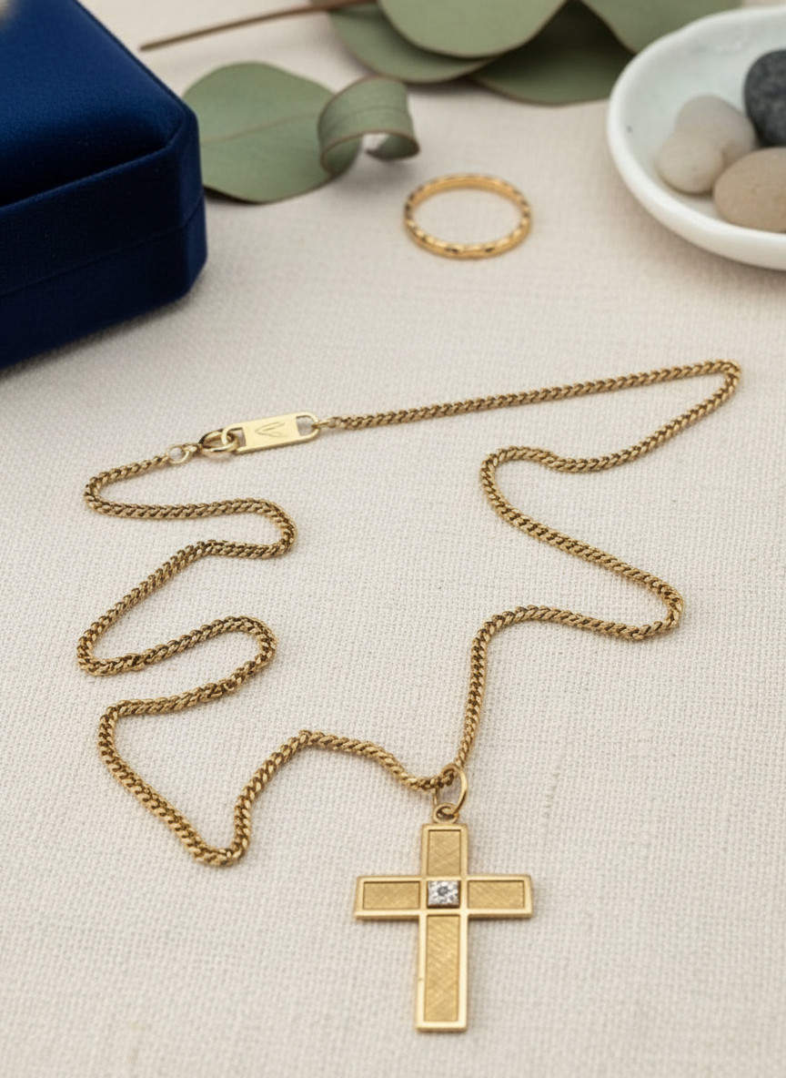 Vintage Artisan 12K Gold Filled Cross Necklace Diamond Accent 20in Curb Chain