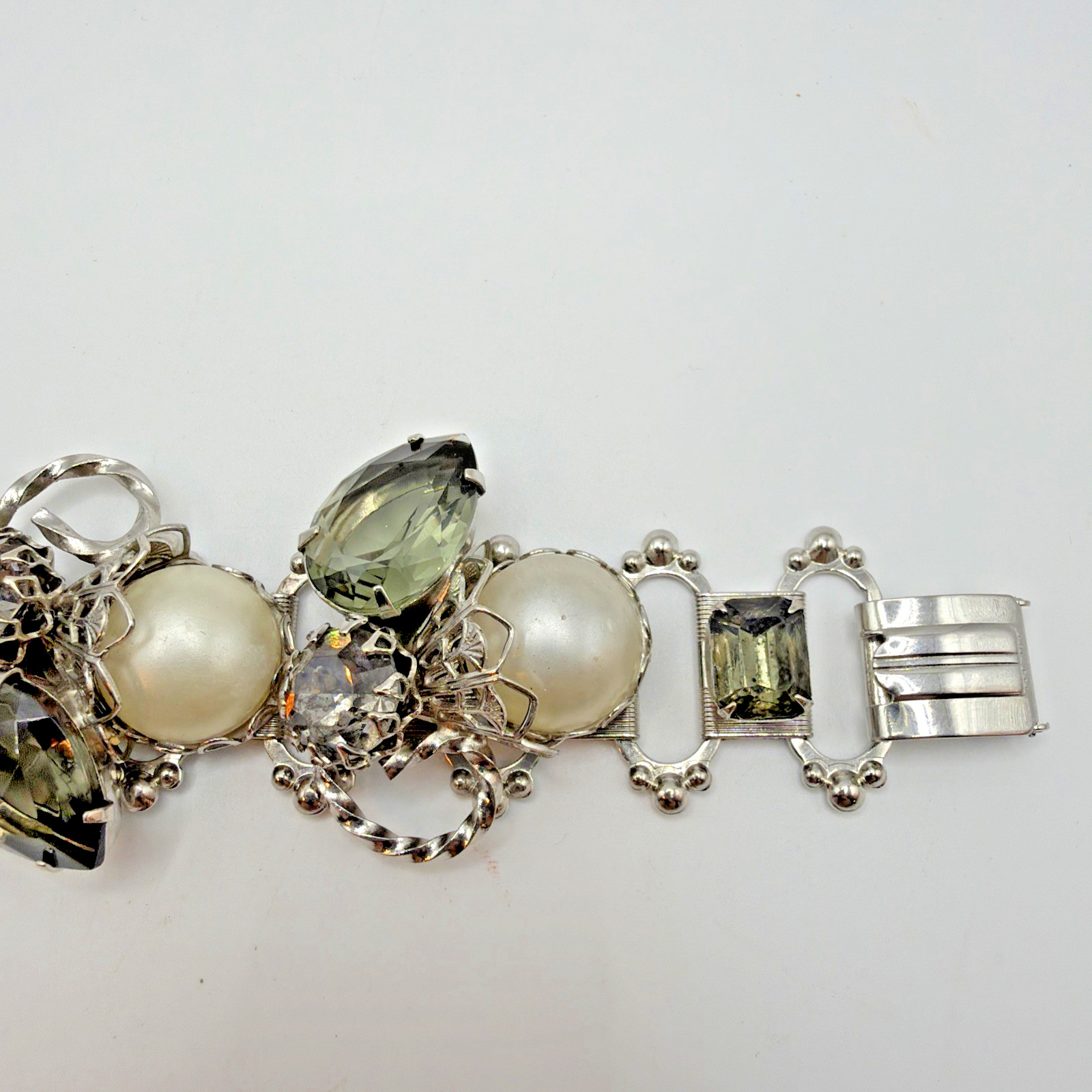 Vintage Silver Toned Bar Link Bracelet Smokey Glass Faux Pearl Size 6.5