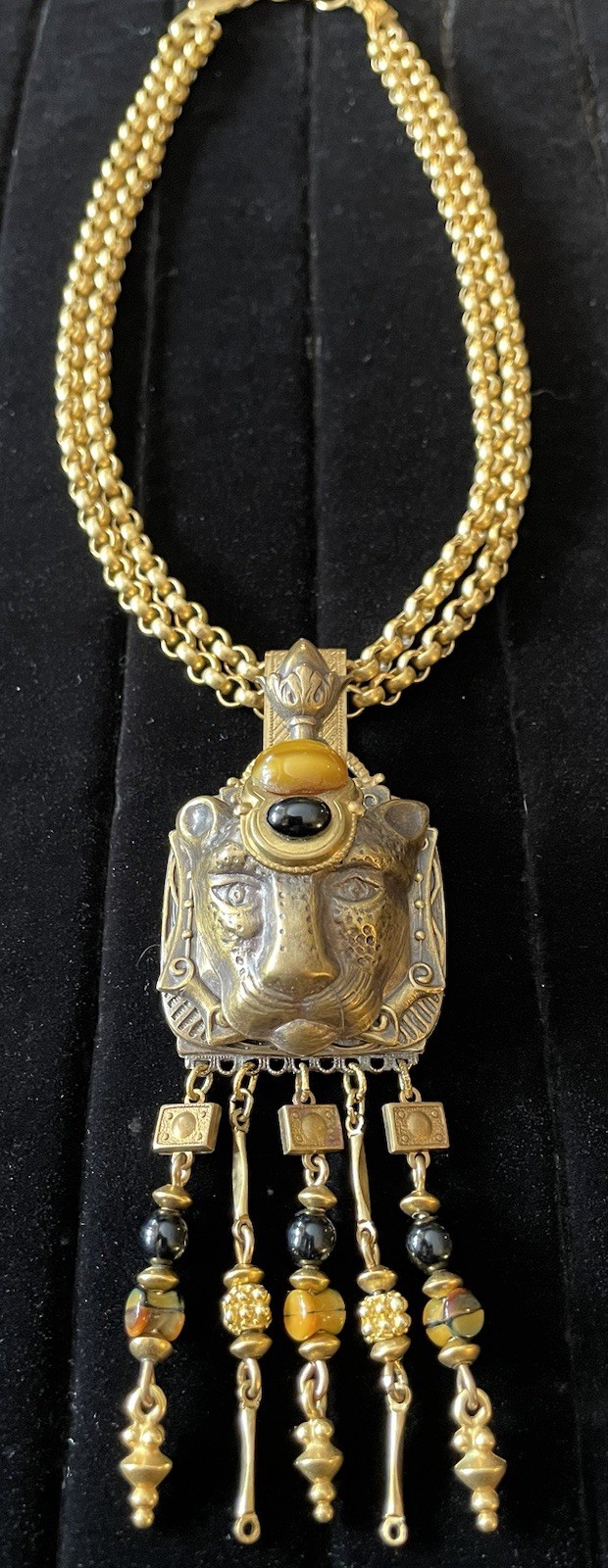 PATRICE VTG African Egyptian Revival Leopard Panther Pendant Necklace 16″