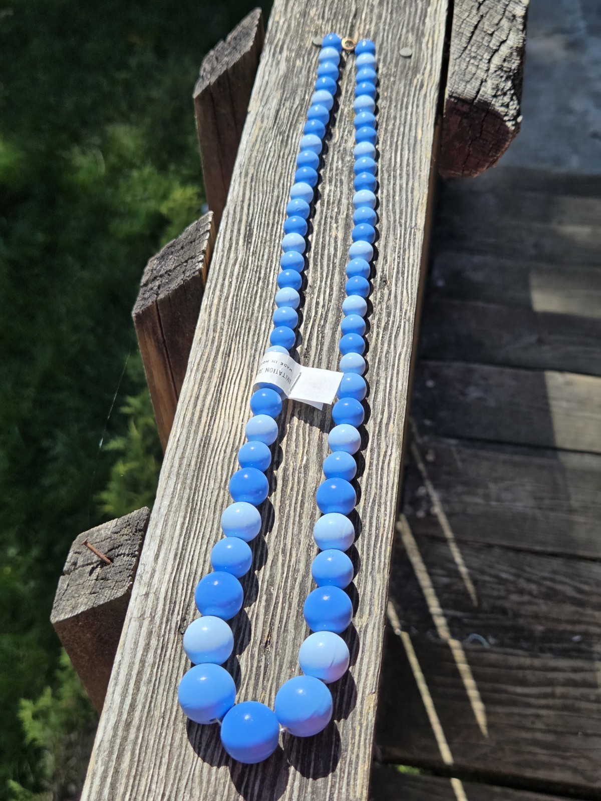 Vintage Hong Kong Blue Plastic Beaded Necklace Graduated Long Chunky Deadstock